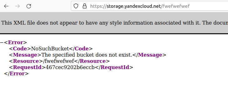 Ответ Yandex Cloud S3 на запрос несуществующего бакета