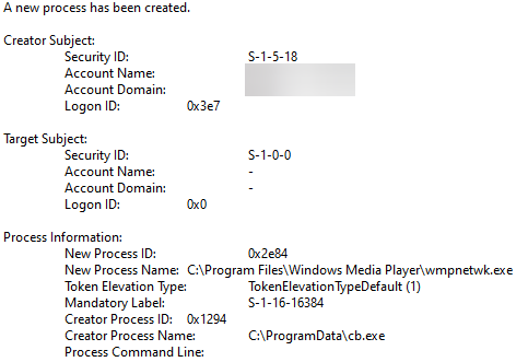 Рисунок 10 — Событие внедрения полезной нагрузки в процесс wmpnetwk.exe