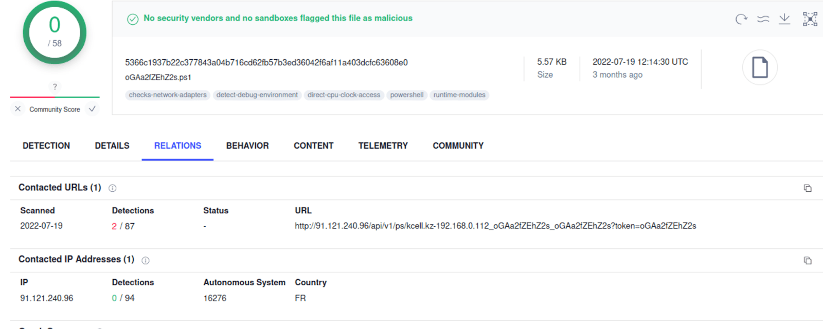 Изображение 17. Сетевое взаимодействие PowerShell скрипта с C&C-сервером 91[.]121[.]240[.]96