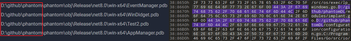 Рис. 7 — PDB-пути PhantomRAT (слева) и пути Go-файлов проекта загрузчика PhantomDL (справа)