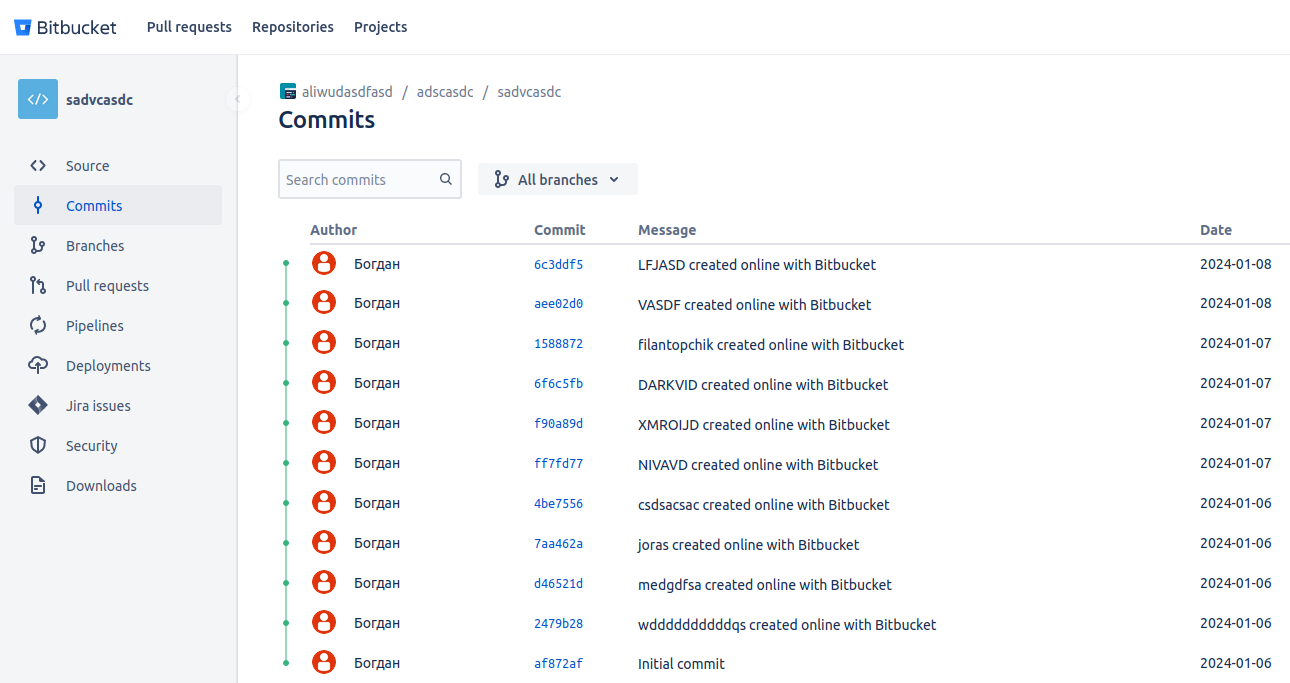 Рис. 10 — содержимое раздела commits репозитория hxxps://bitbucket.org/aliwudasdfasd