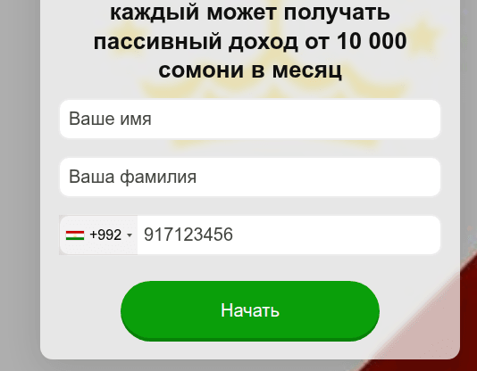 Анкета мошеннического сайта с полями для ФИО и номера телефона