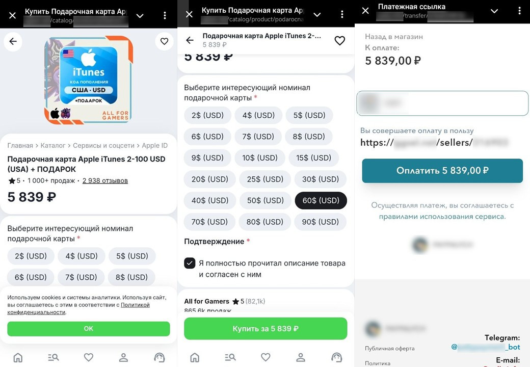 Страницы покупки подарочной карты Apple iTunes на сомнительном ресурсе и платёжная ссылка на 5839 рублей