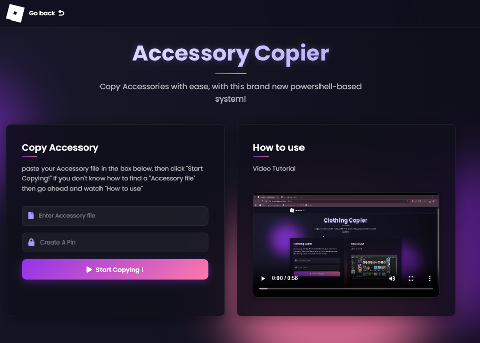 Страница мошеннического сайта BloxTools с полем для вставки кода и кнопкой Start Copying
