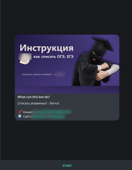 Стартовый экран Telegram-бота с обещанием инструкции, как списать ОГЭ и ЕГЭ