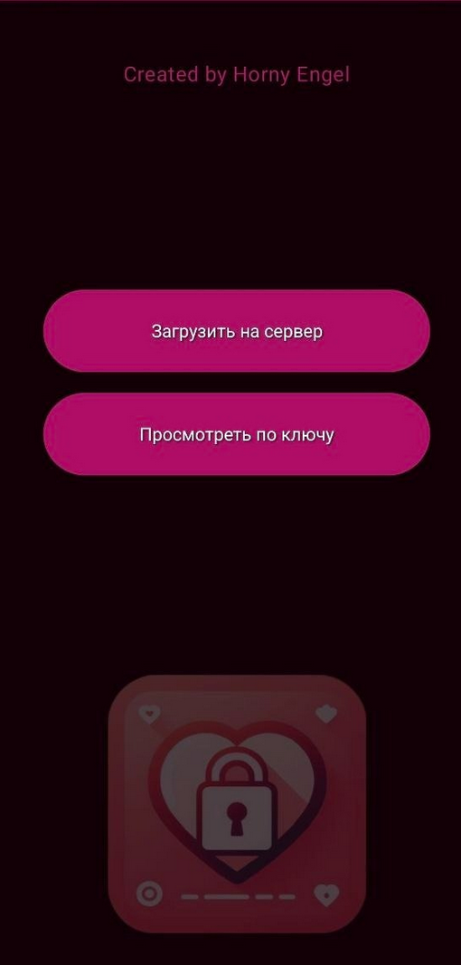 Главный экран вредоносного приложения Safeintim с кнопками «Загрузить на сервер» и «Просмотреть по ключу»
