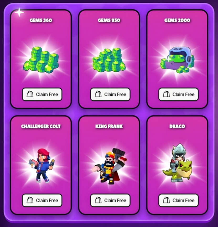 Страница фишингового сайта с бесплатной раздачей гемов и скинов Brawl Stars по кнопке Claim Free